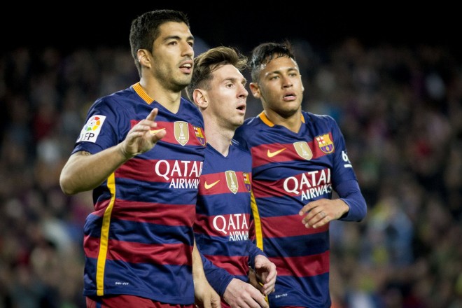 BARCELONA, SPAIN - APRIL 23: Luis Suarez, Leo Messi and Neymar Jr of Barcelona celebrate scoring during the the La Liga match between FC Barcelona and Sporting Gijon at Camp Nou on April 23, 2016 in Barcelona, Spain.  Albert Llop / Anadolu Agency