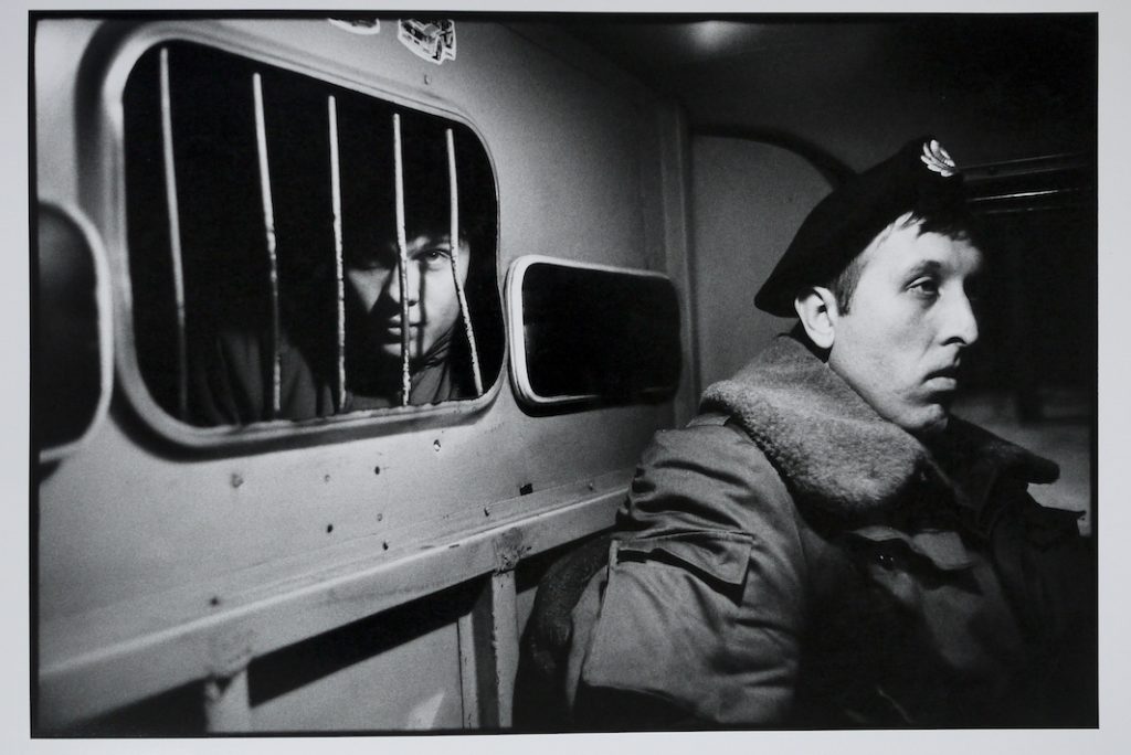 A drunk in the back of a police van.