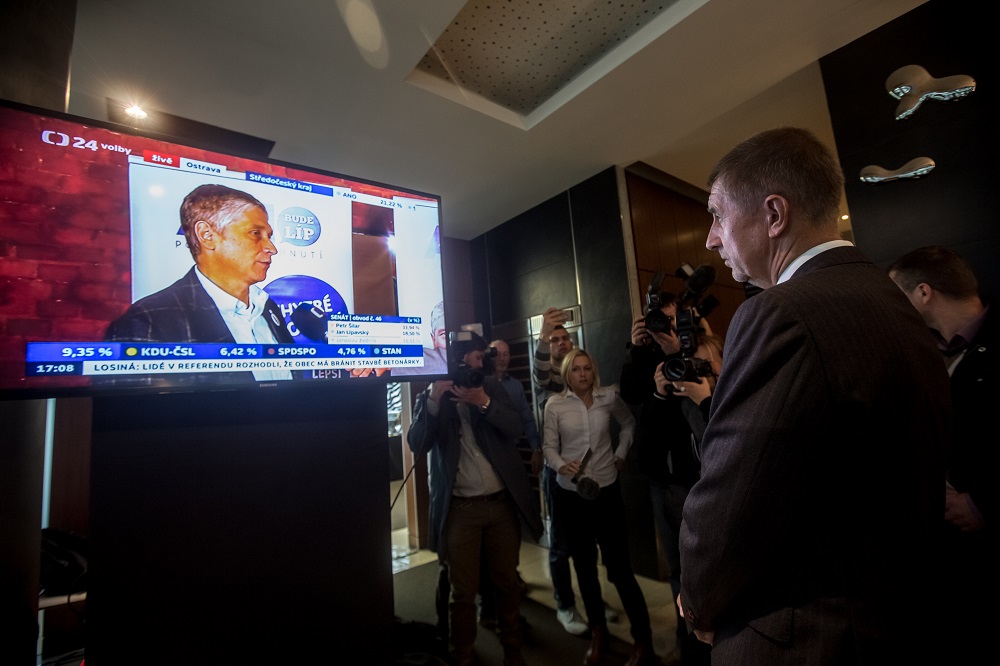 PRAGUE, CZECH REPUBLIC - OCTOBER 08:  Andrej Babis, Slovak-born billionaire, Czech finance minister and leader of the ANO movement watches voting results during the second day of the Czech regional and senate elections at election headquarter on October 8, 2016 in Prague, Czech Republic. Polling stations opened in Czech Republic for two-day regional elections in a total of 13 regions and for variation of one third of senate members accros the country.  (Photo by Matej Divizna/Getty Images)