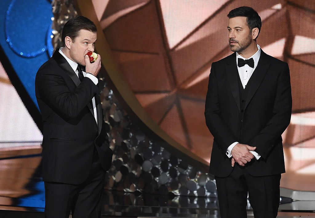 LOS ANGELES, CA - SEPTEMBER 18:  Actor Matt Damon (L) and host Jimmy Kimmel speak onstage during the 68th Annual Primetime Emmy Awards at Microsoft Theater on September 18, 2016 in Los Angeles, California.  (Photo by Kevin Winter/Getty Images)