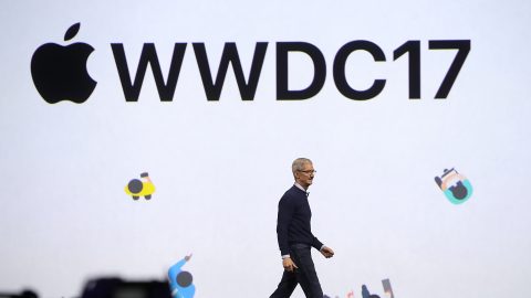 SAN JOSE, CA - JUNE 05: Apple CEO Tim Cook delivers the opening keynote address the 2017 Apple Worldwide Developer Conference (WWDC) at the San Jose Convention Center on June 5, 2017 in San Jose, California. Apple CEO Tim Cook kicked off the five-day WWDC that runs through June 9.   Justin Sullivan/Getty Images/AFP