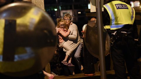 LONDON, ENGLAND - JUNE 04:  People are lead to safety on Southwark Bridge away from London Bridge after an attack on June 4, 2017 in London, England. Police have responded to reports of a van hitting pedestrians on London Bridge in central London.  (Photo by Carl Court/Getty Images)