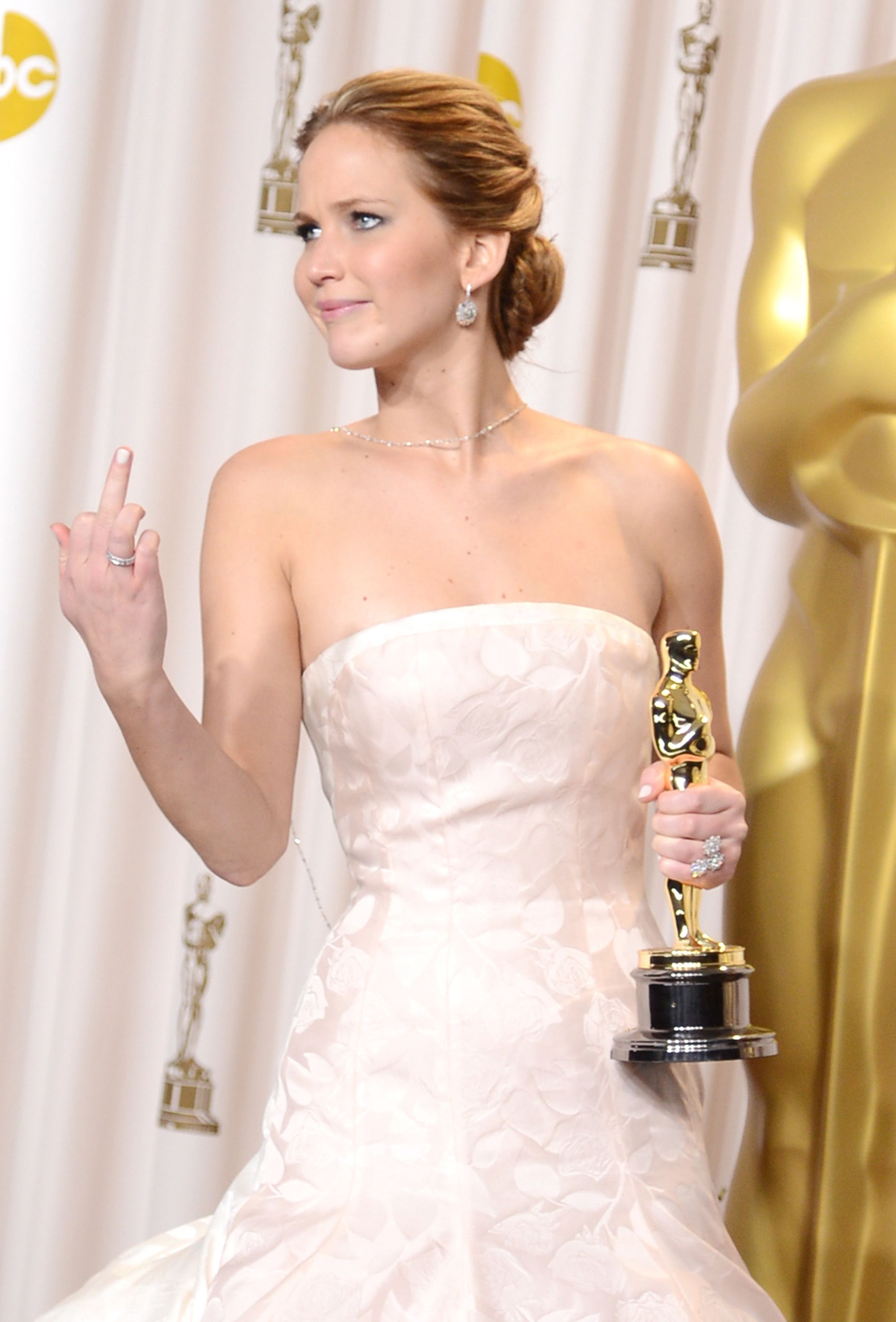 HOLLYWOOD, CA - FEBRUARY 24:  Actress Jennifer Lawrence, winner of the Best Actress award for "Silver Linings Playbook," poses in the press room during the Oscars held at Loews Hollywood Hotel on February 24, 2013 in Hollywood, California.  (Photo by Jason Merritt/Getty Images)
