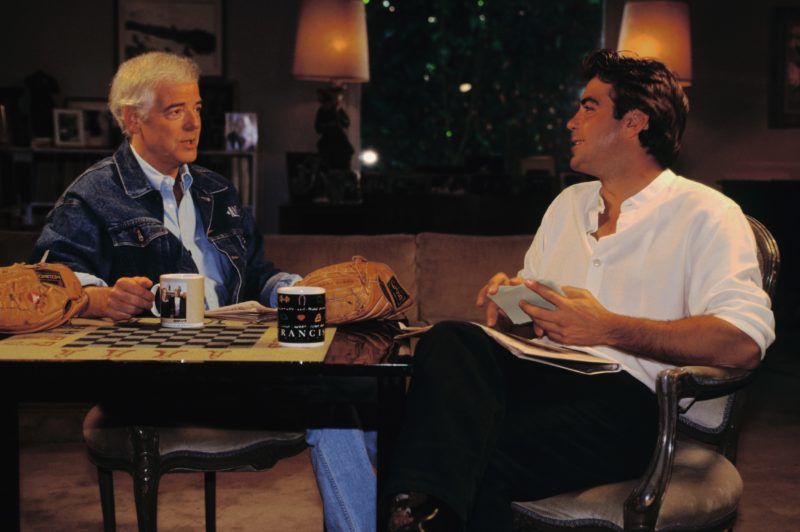 Actor George Clooney talks with his father Nick (former broadcast journalist) over coffee. (Photo by  Tim Rue/CORBIS/Corbis via Getty Images)