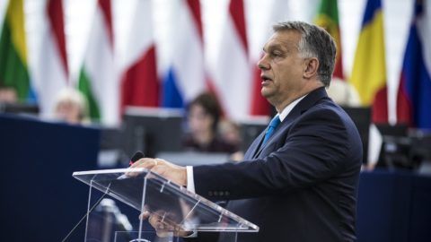 Strasbourg, 2018. szeptember 11.
Orbán Viktor miniszterelnök felszólal az Európai Parlament vitáján 2018. szeptember 11-én.
MTI Fotó: Miniszterelnöki Sajtóiroda / Szecsõdi Balázs