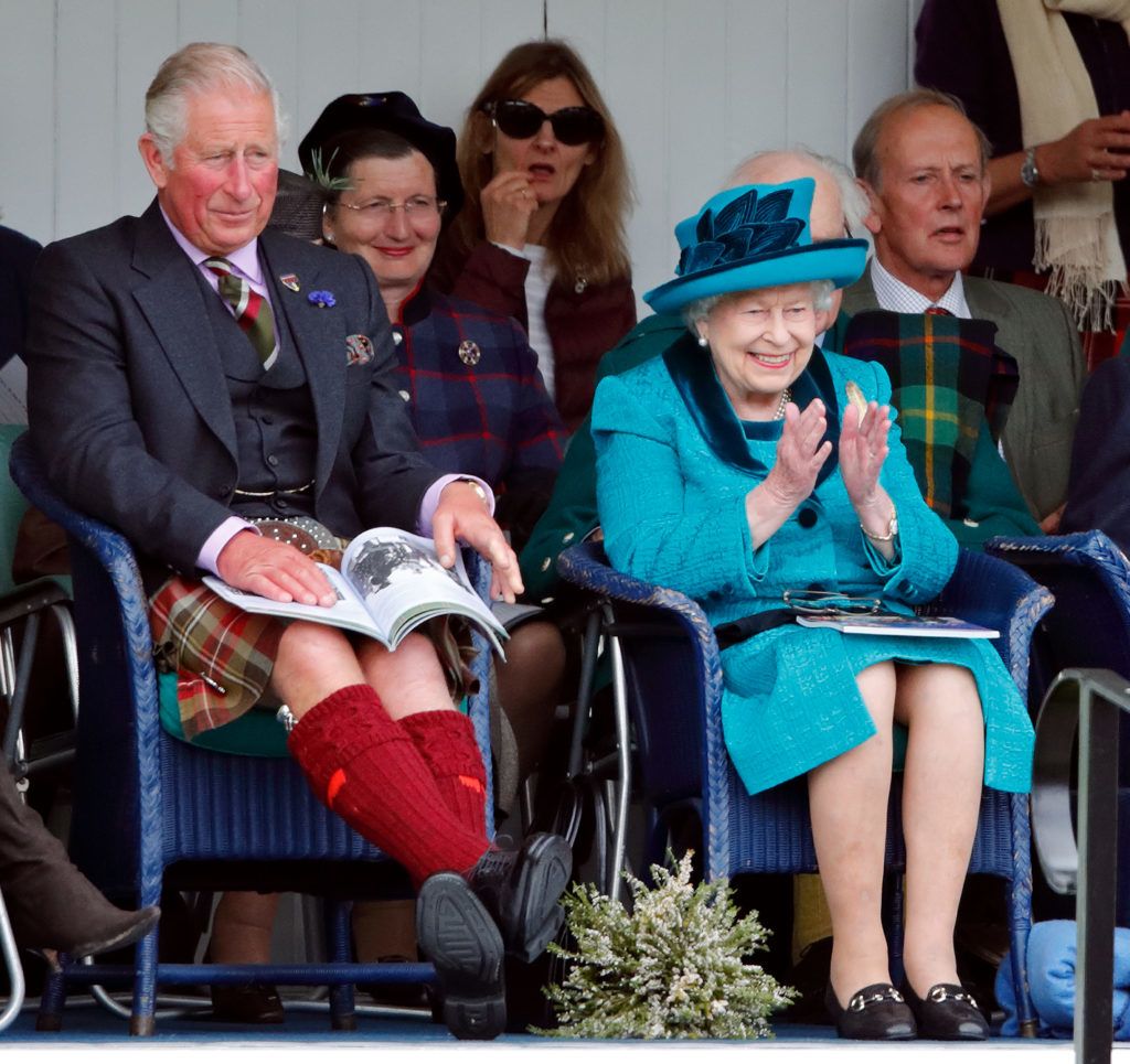 BRAEMAR, UNITED KINGDOM - SEPTEMBER 01: (EMBARGOED FOR PUBLICATION IN UK NEWSPAPERS UNTIL 24 HOURS AFTER CREATE DATE AND TIME) Prince Charles, Prince of Wales and Queen Elizabeth II attend the 2018 Braemar Highland Gathering at The Princess Royal and Duke of Fife Memorial Park on September 1, 2018 in Braemar, Scotland. (Photo by Max Mumby/Indigo/Getty Images)