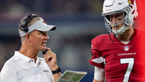 ARLINGTON, TX - AUGUST 26:  Offensive Coordinator Mike McCoy talks with Mike Glennon #7 of the Arizona Cardinals during a game against the Dallas Cowboys at AT&T Stadium during week 3 of the preseason on August 26, 2018 in Arlington, Texas.  The Cardinals defeated the Cowboys 27-3.  (Photo by Wesley Hitt/Getty Images)