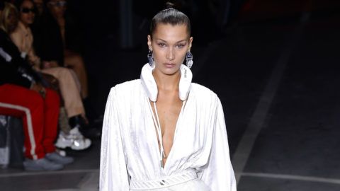 Model Bella Hadid walks the runway during the Off-White show as part of the Paris Fashion Week Womenswear Spring/Summer 2019 on September 27, 2018 in Paris, France.