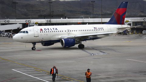 SALT LAKE CITY, UT - NOVEMBER 10, 2015: A Delta Airlines Airbus A319 passenger aircraft taxis toward the runway at Salt Lake City International Airport in Salt Lake City, Utah. (Photo by Robert Alexander/Getty Images)