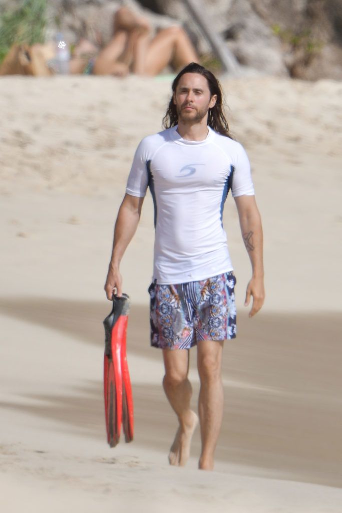 US actor Jared Leto seen on the beach in flowery swim shorts on January 2nd 2019 in St Barths. January 2, 2019