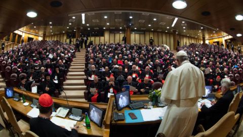 This photo taken and handout on February 21, 2019 by the Vatican Media shows Pope Francis (R), Cardinals and Bishops attending the opening of a global child protection summit for reflections on the sex abuse crisis within the Catholic Church, on February 21, 2019 at the Vatican. - Pope Francis has set aside three and a half days to convince Catholic bishops to tackle paedophilia in a bid to contain a scandal which hit an already beleaguered Church again in 2018, from Chile to Germany and the United States. (Photo by Handout / VATICAN MEDIA / AFP) / RESTRICTED TO EDITORIAL USE - MANDATORY CREDIT "AFP PHOTO / VATICAN MEDIA" - NO MARKETING NO ADVERTISING CAMPAIGNS - DISTRIBUTED AS A SERVICE TO CLIENTS --- / “The erroneous byline Vincenzo PINTO appearing in the metadata of this photo by the Vatican Media has been modified in AFP systems in the following manner: Vatican Media instead of Vincenzo PINTO. Please immediately remove the erroneous mention from all your online services and delete it from your servers. If you have been authorized by AFP to distribute it (them) to third parties, please ensure that the same actions are carried out by them. Failure to promptly comply with these instructions will entail liability on your part for any continued or post notification usage. Therefore we thank you very much for all your attention and prompt action. We are sorry for the inconvenience this notification may cause and remain at your disposal for any further information you may require.”