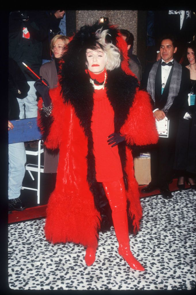 285984 55: Actress Glenn Close stands in costume at the premiere of the film "101 Dalmatians" November 18, 1996 in New York City. Close plays the role of Cruella De Vil in the film about an evil woman who kidnaps dalmatian puppies in order to make a one-of-a-kind fur coat. (Photo by Evan Agostini/Liaison)