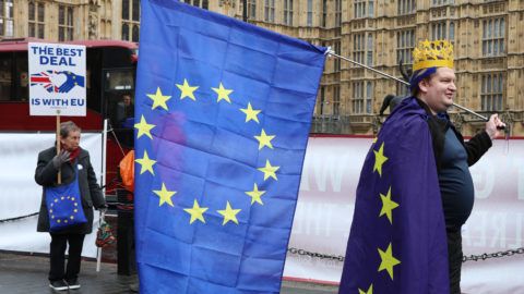 Pro-EU demostrators wave flags and placards outside the Houses of Parliament in central London on April 2, 2019. - British Prime Minister Theresa May chairs a crucial meeting of senior ministers on Tuesday to seek a way out of a months-long Brexit deadlock, as the EU warned a no-deal departure from the bloc is growing more likely by the day. (Photo by ISABEL INFANTES / AFP)