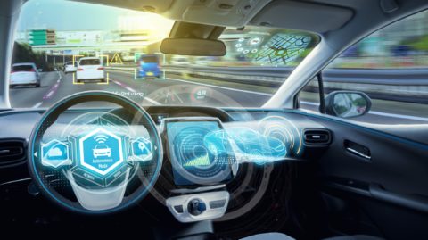 Empty cockpit of autonomous car, HUD(Head Up Display) and digital speedometer. self-driving vehicle.