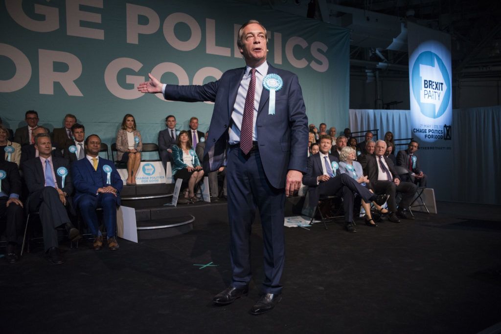 Brexit Party leader Nigel Farage holds addresses the party conference, ahead of the European Election, London on May 21, 2019. (Photo by Alberto Pezzali/NurPhoto)