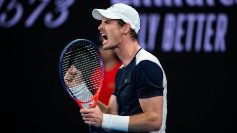 MELBOURNE, AUSTRALIA - JANUARY 14: Andy Murray of Great Britain celebrates in his first round match against Roberto Bautista Agut of Spain during day one of the 2019 Australian Open at Melbourne Park on January 14, 2019 in Melbourne, Australia. (Photo by TPN/Getty Images)