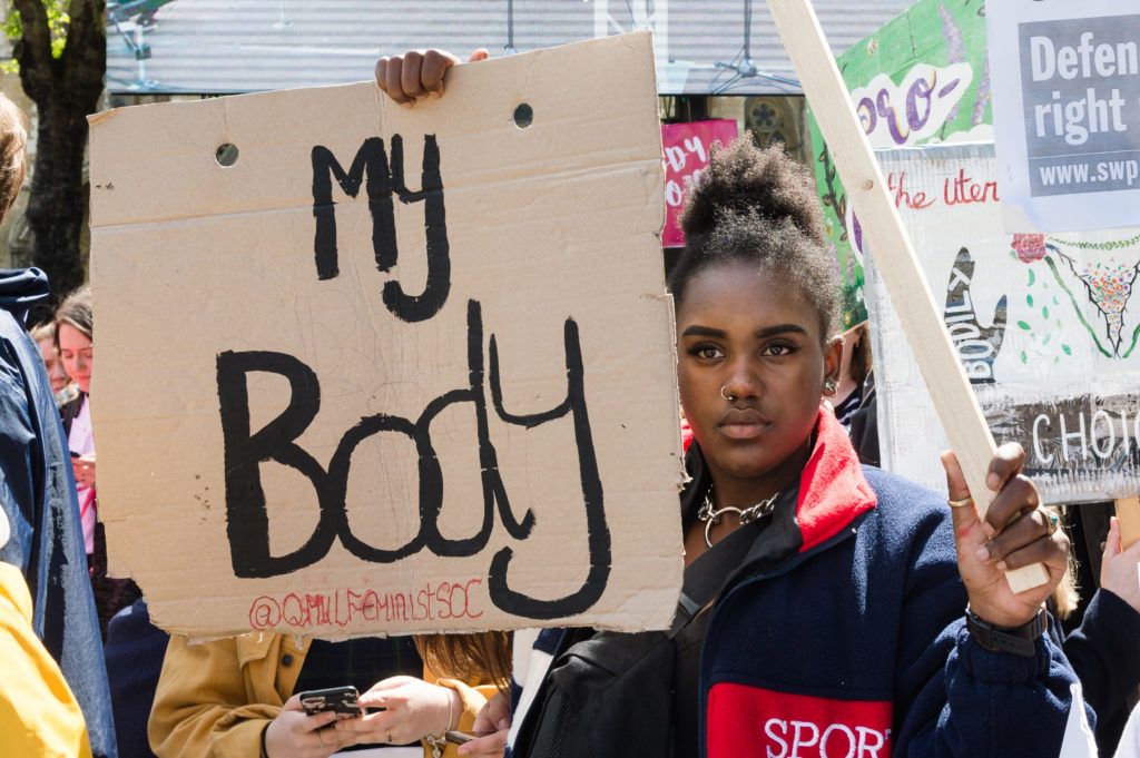 Pro-choice supporters stage a demonstration in Parliament Square to campaign for women's reproductive rights, legalisation of abortion in Northern Ireland and it's decriminalisation in the UK on 11 May, 2019 in London, England. The demonstration is a counter-protest to the anti-abortion 'March for Life'  taking place alongside. (Photo by WIktor Szymanowicz/NurPhoto via Getty Images)