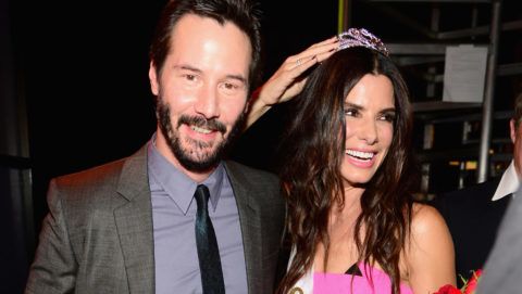 CULVER CITY, CA - JUNE 07:  Actors Keanu Reeves (L) and  Sandra Bullock speak onstage at Spike TV's "Guys Choice 2014" at Sony Pictures Studios on June 7, 2014 in Culver City, California.  (Photo by Frazer Harrison/Getty Images for Spike TV)