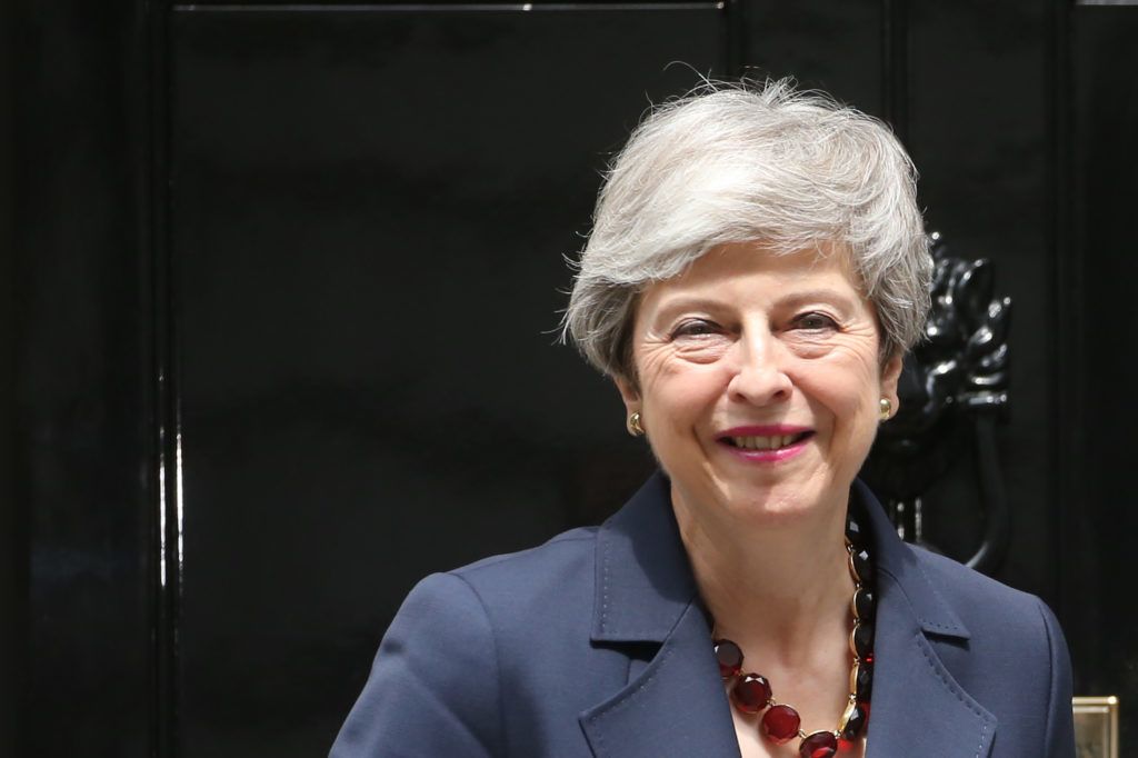 Britain's Prime Minister Theresa May gestures as she meets Nepal's Prime Minister K P Sharma Oli at 10 Downing Street in London on June 11, 2019. (Photo by ISABEL INFANTES / AFP)