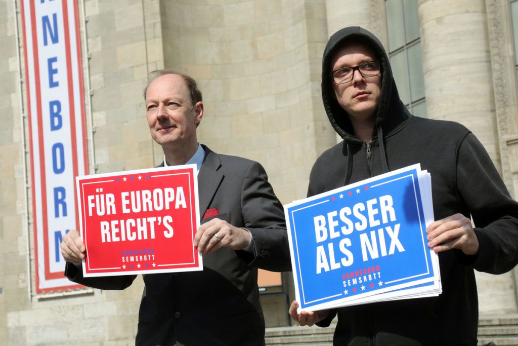 23 April 2019, Berlin: Martin Sonneborn (Die PARTEI), chairman, and Nico Semsrott (r), comedian, start the EU election campaign in front of the Volksbühne in the Mitte district with a press conference and photo opportunity. Photo: Wolfgang Kumm/dpa