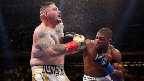 NEW YORK, NEW YORK - JUNE 01:  Anthony Joshua knocks down Andy Ruiz Jr in the third round during their IBF/WBA/WBO heavyweight title fight at Madison Square Garden on June 01, 2019 in New York City. (Photo by Al Bello/Getty Images)