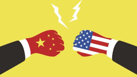 American and China business fighting with national flag,  vector illustration