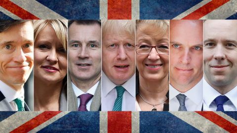 A combination of pictures created in London on May 26, 2019 shows recent pictures of the contenders declared as of May 26 to replace Britain's Prime Minister Theresa May when she resigns on June 7: (L-R) Britain's International Development Secretary Rory Stewart, former works and pensions secretary Esther McVey, Britain's Foreign Secretary Jeremy Hunt, former foreign secretary Boris Johnson, former leader of the House of Commons Andrea Leadsom, former Brexit secretary Dominic Raab and Britain's Health and Social Care Secretary Matt Hancock, all pictured in Downing Street, central London. - British Prime Minister Theresa May announced her resignation in an emotional address on on May 24, 2019, ending a dramatic three-year tenure of near-constant crisis over Brexit. May, 62, said she would step down as Conservative Party leader on June 7 starting a leader battle to replace her. (Photo by STF / AFP)