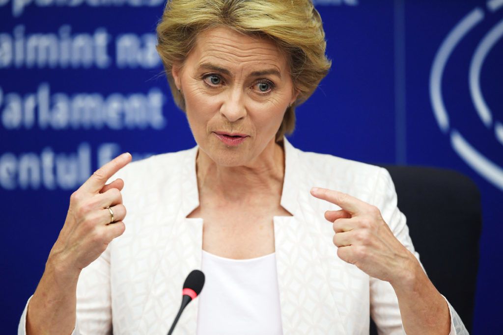 Newly elected European Commission President Ursula von der Leyen gestures as she attends a news conference after a vote on her election at the European Parliament in Strasbourg, eastern France on July 16, 2019. - German defence minister Ursula von der Leyen was narrowly elected president of the European Commission on July 16, after winning over sceptical lawmakers. The 60-year-old conservative was nominated to become the first woman in Brussels' top job last month by the leaders of the bloc's 28 member states, to the annoyance of many MEPs. (Photo by FREDERICK FLORIN / AFP)