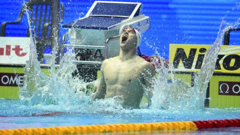 Yang Sun (CHN) competes and celabrates his Gold medal on Men's 400 m Freestyle final during the 18th FINA Swimming World Championships 2019 on July 21, 2019 in Gwangju - Korea- Photo Stephane Kempinaire / KMSP