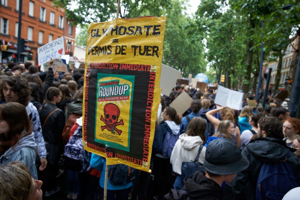 A protester holds a placard reading 'Glyphosate : license to kill'. Following the call of Greta Thunberg for a World School Strike, school students and students took to the streets of Toulouse for the 2nd time to denounce the governments inaction towards the climate crisis.
They denounce the lack of action against the environment crisis. Similar protests took place all over the world. After this protest, they rejoined the March for the Climate.Toulouse. France. May 24th 2019. (Photo by Alain Pitton/NurPhoto)