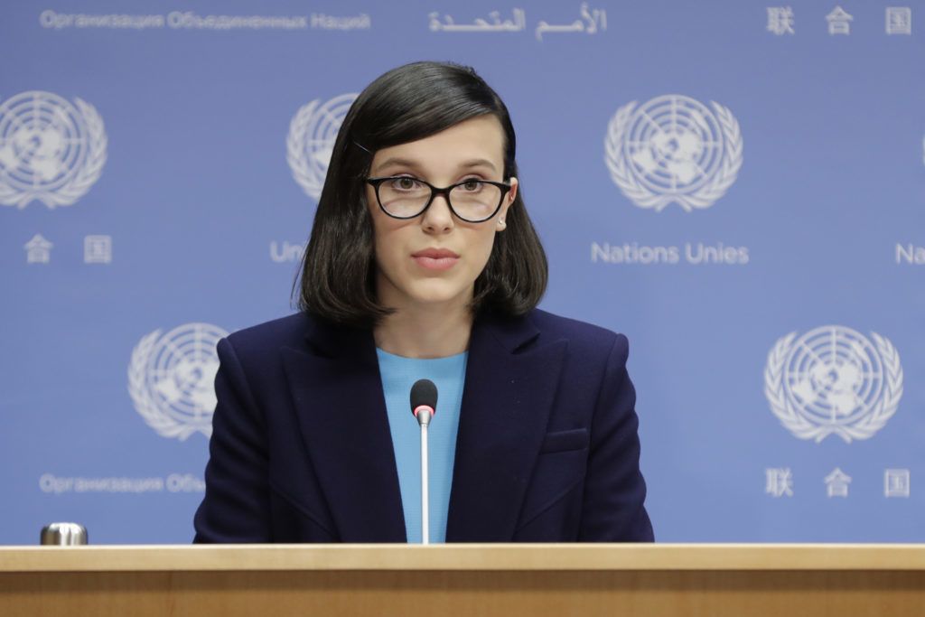 United Nations, New York, November 20 2018 - Actress Millie Bobby Brown briefs press on the importance of empowering children, as part of UNICEFs commemoration of World Children's Day. The briefing also served to announce Brown's appointment as UNICEF's newest (and youngest ever) Goodwill Ambassador today at the UN Headquarters in New York.  (Photo by Luiz Rampelotto/NurPhoto via Getty Images)