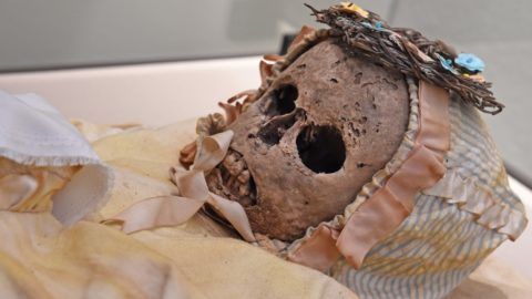 The mummy of 2 year old Katalina Orlovits (1796-1798, from the Dominican church in Vac, Hungary) is on display  as part of an exhibition on mummies from around the world at the 'Roemer- und Pelizaeus-Museum', a museum dedicated to Ancient Egyptian and Ancient Peruvian art in Hildesheim, Germany, 11 February 2016. The exhibition 'Mumien der Welt' (mummies of the world) showcases 26 complete mummies from different cultures around the world. The exhibition  runs from 13 Febvruary to 28 February 2016. Photo:  Holger Hollemann/dpa
