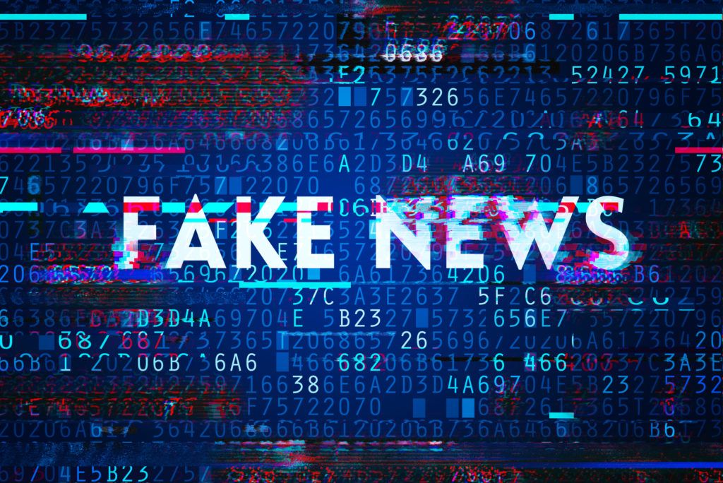 Fake news on internet in modern digital age, conceptual illustration with text overlaying hexadecimal encrypted computer code